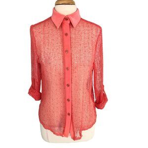 Picadilly Fashions Open Crochet Blouse Button Front Roll Tab Sleeves Size SP